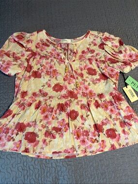 Cure Petites NWT Pink Floral Peplum Blouse Puff Sleeve Tie Neck PM